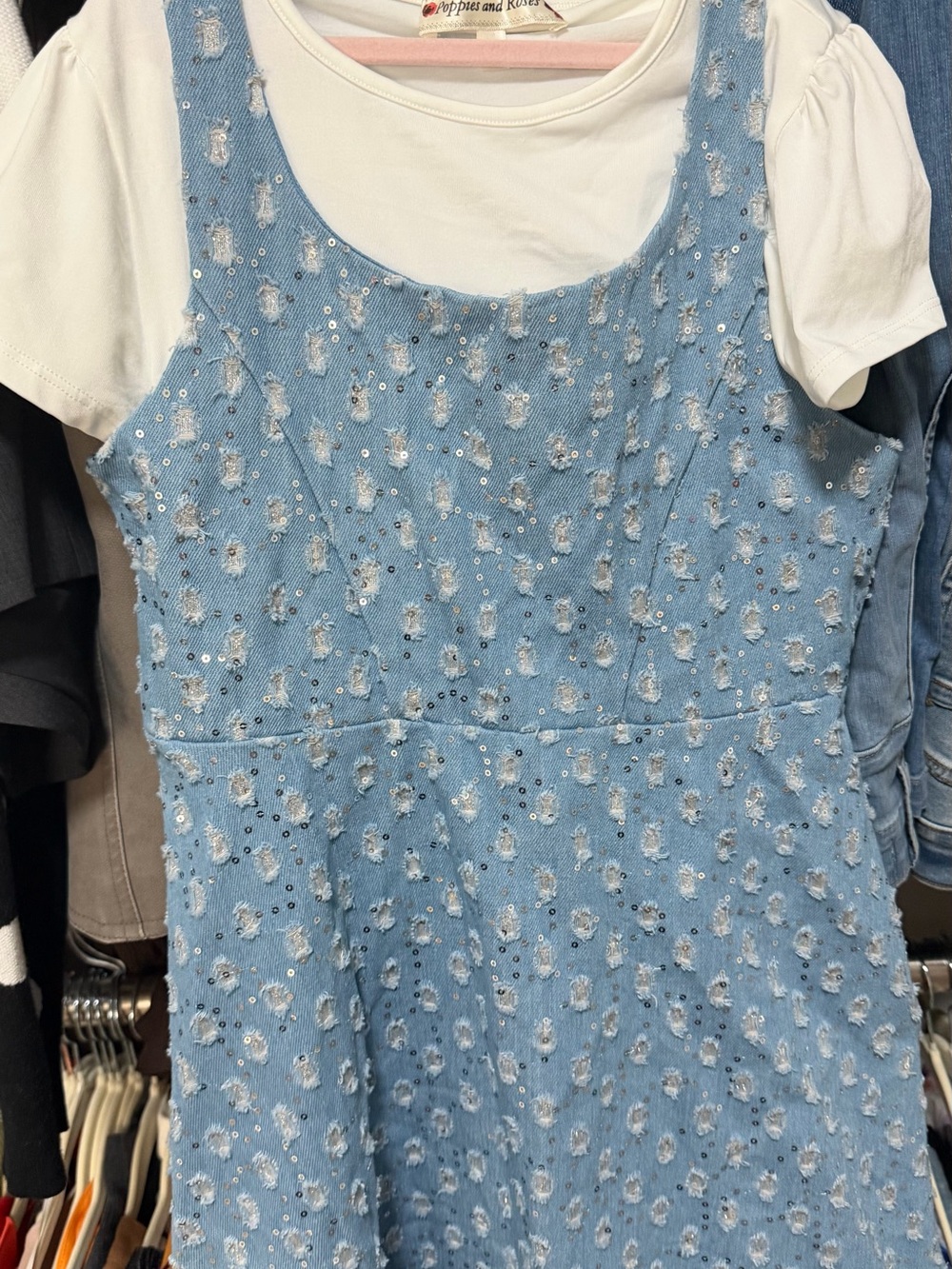 Light Blue Sequin Denim Tank Dress for Kids